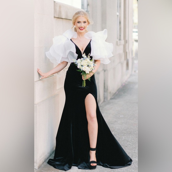 Velvet Gown with Shoulder Ruffle Detail - Picture 2 of 5